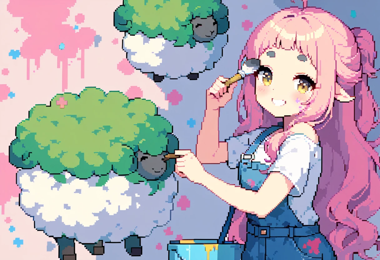 (((Highest quality, 8k, masterpiece: 1.3)), Beautiful pixel art, ((One Woman)), Pink long hair, Fluffy hair, Thick eyebrows, White T-shirt, Blue Overalls, The left shoulder strap of the overalls is hanging down, smile, Pink paint on cheeks, Painting on the wall, Sheep painting on the wall, holding a brush in hand, Paint bucket, Graphical art, (Vivid colors), (Painting the walls), A sheep painted red, blue and yellow