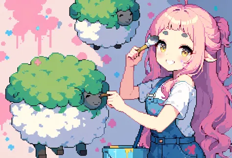 (((highest quality, 8k, masterpiece: 1.3)), beautiful pixel art, ((one woman)), pink long hair, fluffy hair, thick eyebrows, whi...