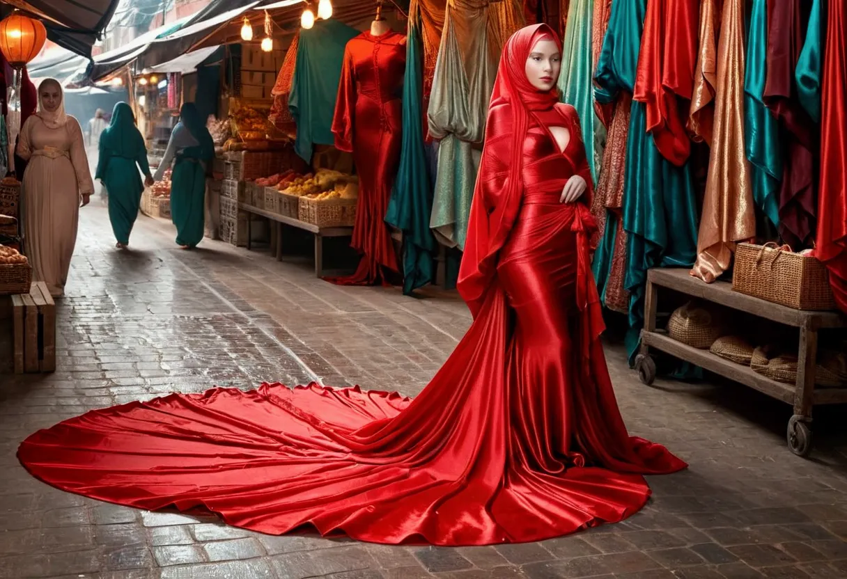 a woman shrouded in 9 meters of red silk shimmer, tight wrapped from the waist to the thighs and mermaid shape on the bottom of ...