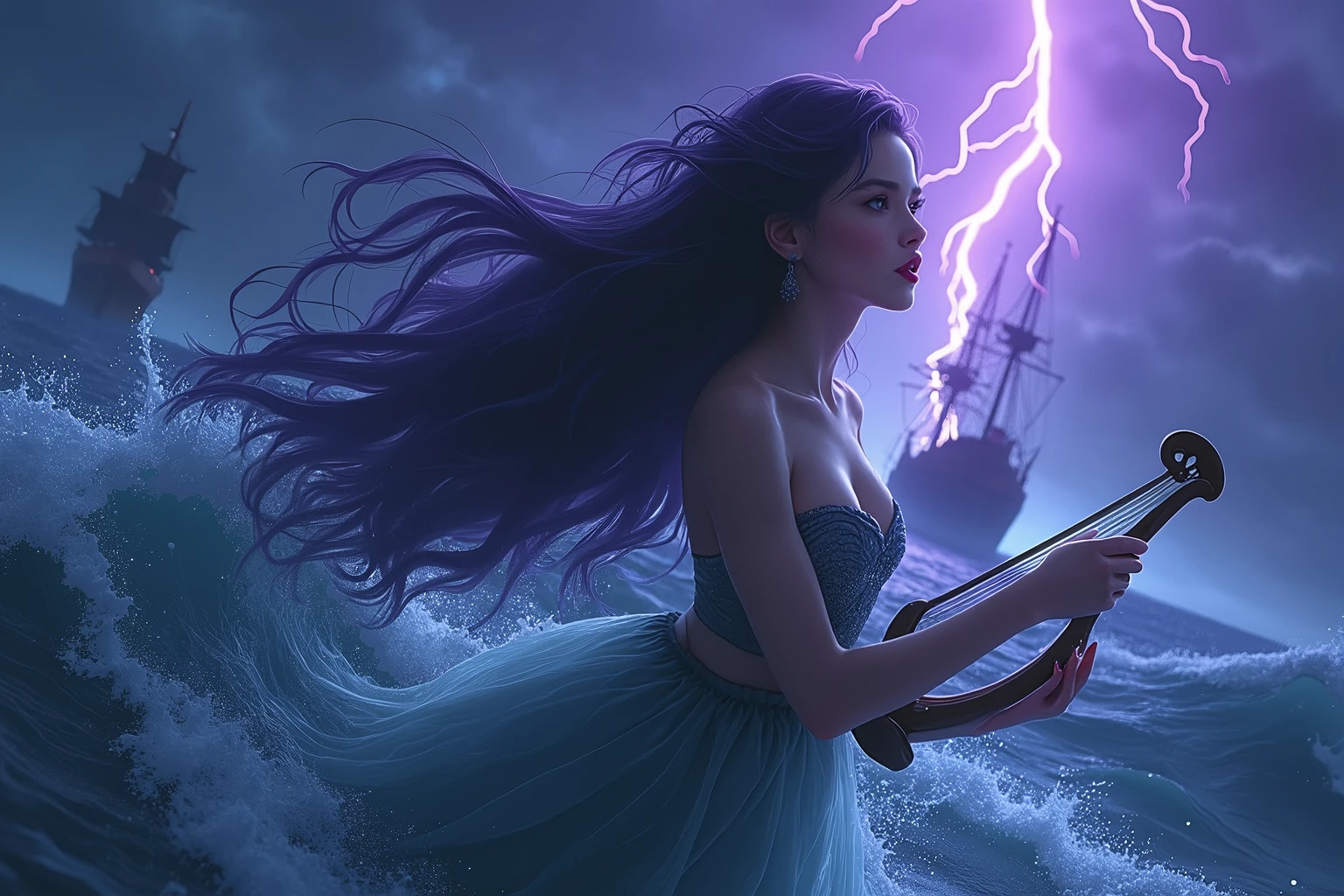 (best quality,highres,masterpiece:1.2),ultra-detailed,Siren,mermaid, singing with beautiful voices, sinking ships, stormy night, backlight,(Stormy weather), purple thunder,Holding a lyre,(long eyelashes,beautiful detailed eyes,beautiful detailed lips,extremely detailed eyes and face,vibrant colors,cinematic lighting,warm tones,photorealistic,masterpiece,8k,hyper detailed),(anime style),