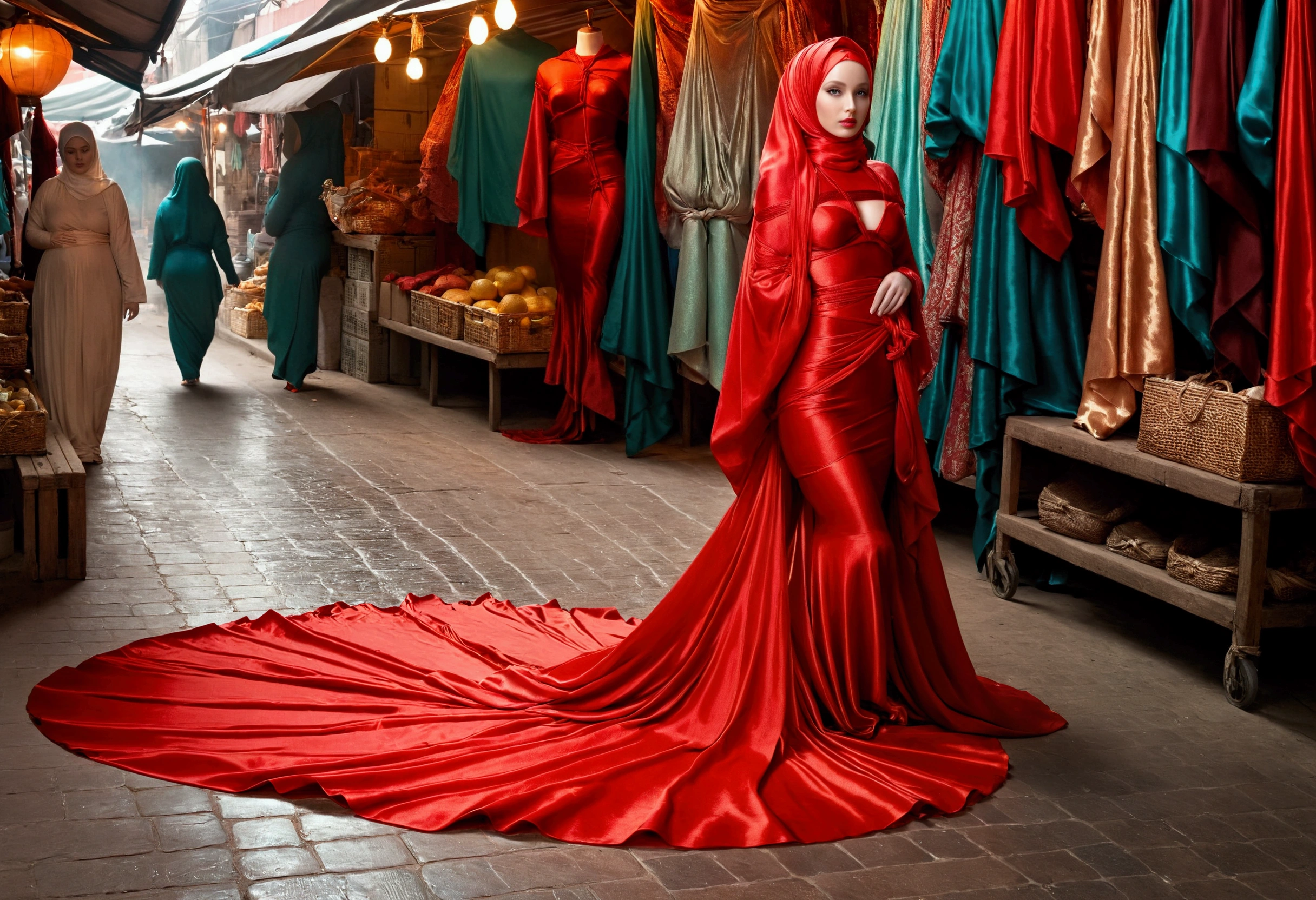 A woman shrouded in 9 meters of red silk shimmer, tight wrapped from the waist to the thighs and mermaid shape on the bottom of dress, tied tightly and magnificently draped along her body shape, big breeast, 9 meter long flowing dress tail on the floor, subcject tied tight,strugle to handle her dress,styled in mermaid inspired clothing, her head is simply veiled in a satin hijab, 185cm tall woman, walking in traditional coloth market, full body pose conveying an elegant impression, caught on camera in resolution 4k, very realistic