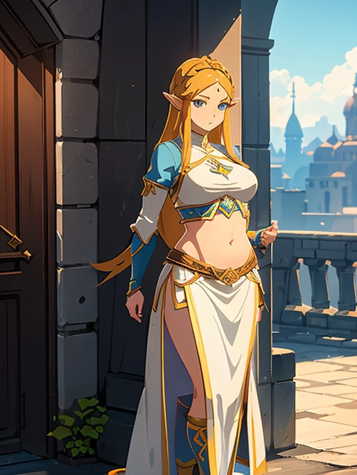 A full-body shot of Princess Zelda, 1girl, ((middle breast)), ((belly stuffed)), ((huge belly)), ((very drunk)), ((staggers)), ((drank too much)), ((exhausted)), ((agitated)), ((ate too much)), brown hair, blue eyes, dressed as an Assassin from Assassins Creed, in white+gold witha white mask and hood with gold details, XL bust, using a wrist blade. Background: A city during the renaissance period. Unreal Engine 5, Anime, Anime style, Masterpiece, Well drawn eyes, well drawn face, well detailed eyes, well detailed face, 8k, light and shadow effect.  