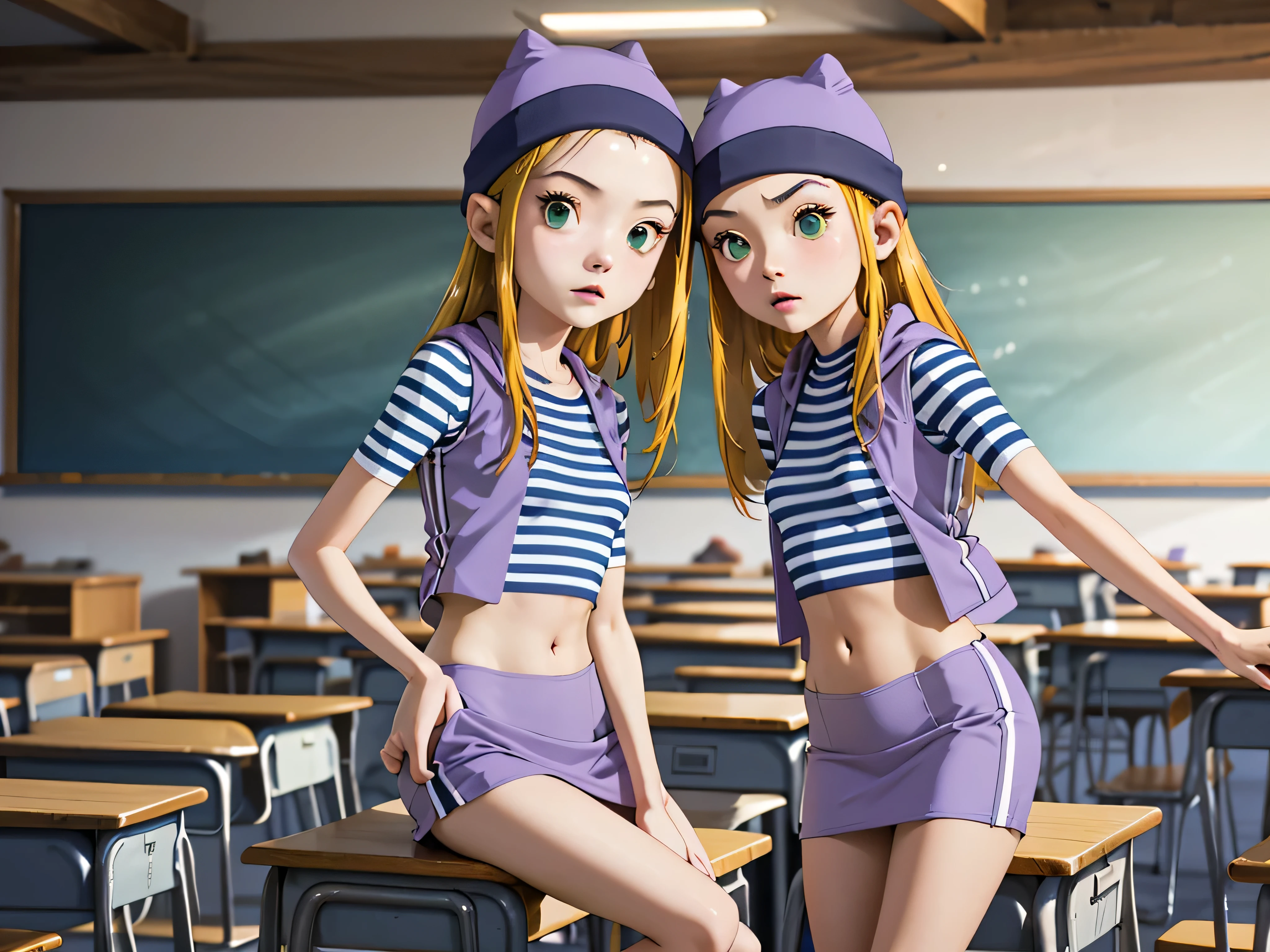 (masterpiece, best quality), 1girl, izumi Orimoto, indoors, classroom, green eyes, blonde hair, long hair, purple beanie, purple vest, purple miniskirt, blue white striped shirt, long purple socks, purple vest, striped shirt, navel shirt, small  size breast. ponytail