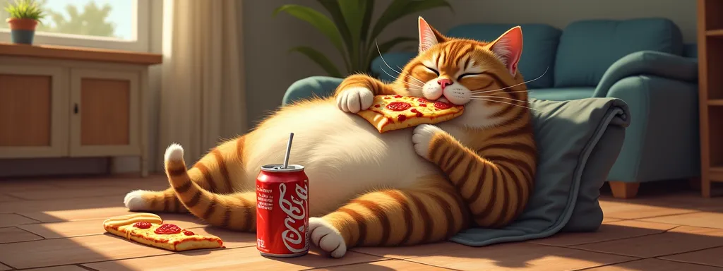 It says "Hey." A fat cat is lying down eating pizza and coke