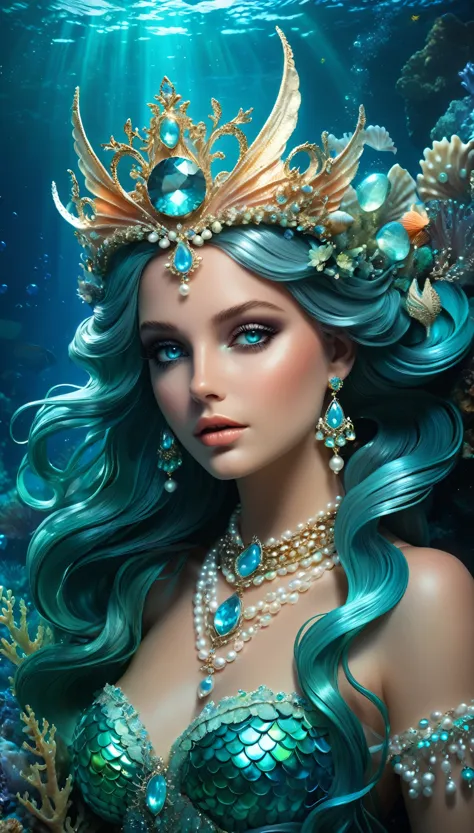 A mesmerizing and highly detailed fantasy scene of a seductive siren underwater, adorned with intricate, realistic jewelry, The siren has a beautiful, ethereal appearance with flowing, iridescent scales that shimmer in shades of blue and green. Her long, wavy hair, decorated with pearls and delicate seaweed ornaments, moves gracefully with the currents, She wears a crown of coral and gemstones, with necklaces made of shells and glittering jewels draped around her neck, aqua eyes, hourglass body, Her piercing, alluring eyes draw you in, surrounded by dark, smoky eyeshadow, The deep sea environment is illuminated by beams of soft, magical light filtering down from above, creating a dreamlike, otherworldly ambiance. The siren’s tail is elegant and powerful, with translucent fins that give her an otherworldly grace, The water around her is filled with swirling bubbles and gentle currents, adding to the mystical allure of the scene, with the vivid details of her jewelry and the rich textures of the underwater world adding depth and realism,