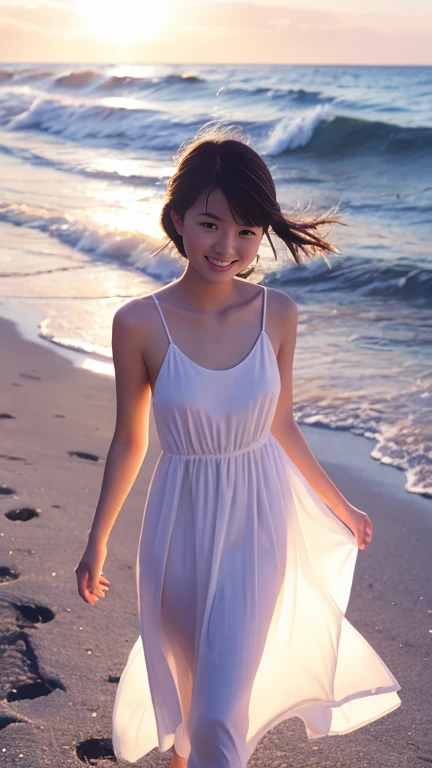 Real Photo,High resolution, Anatomically correct, High detail, Highest quality, A 20-year-old pure Japanese woman, Gentle smile, White sleeveless knee-length long dress, Long dress, Late summer beach walk, walk, Natural beaches, Blowing in the fresh breeze, Dramatic backlighting, Sparkling sunlight, Sparkling shoreline