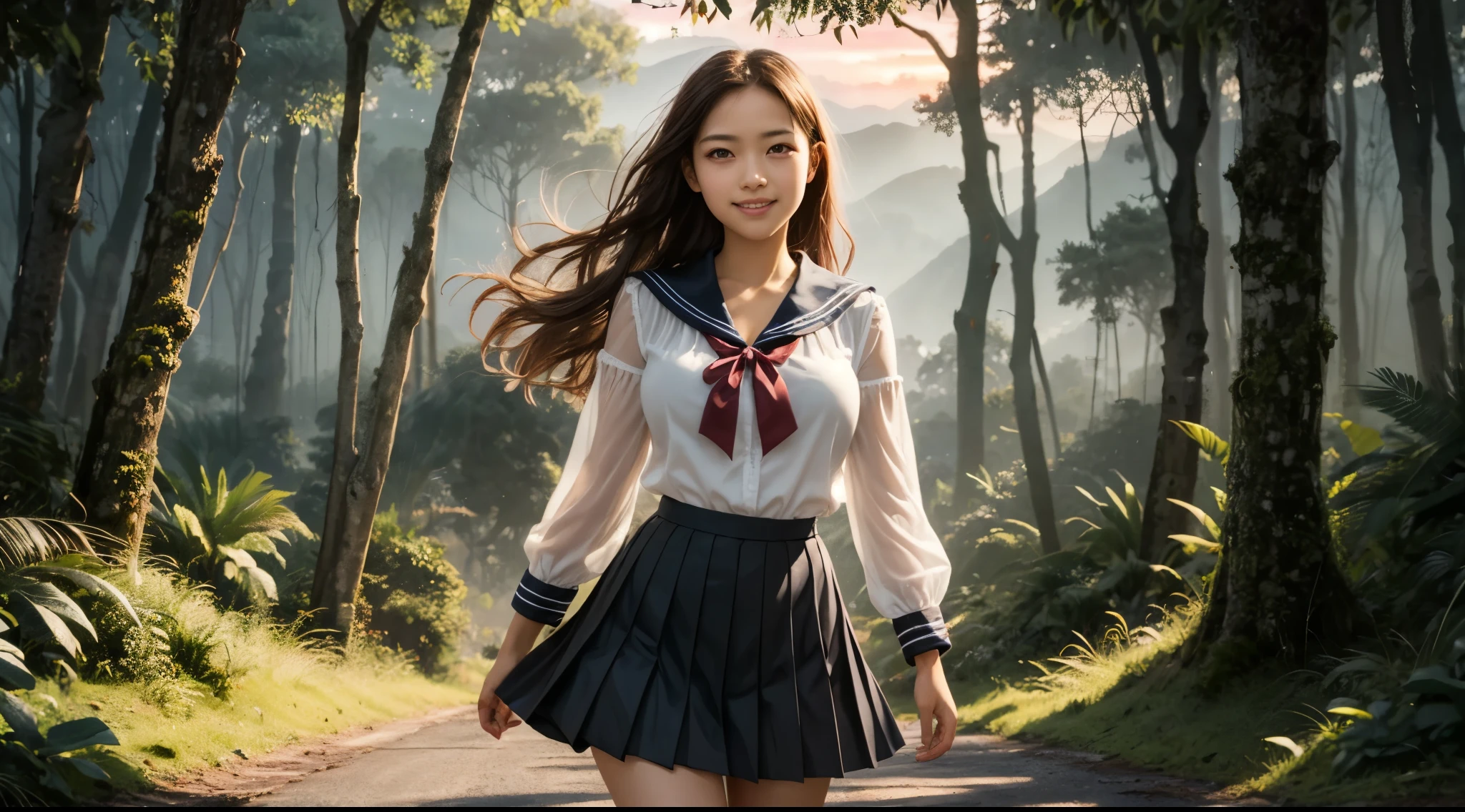 girl, standing, detailed face, looking at viewer, gentle smile, blushing, long hair, windswept, sharp focus, sailor collars, blouse, ribbon details, gigantic breasts, pleated micro skirt, (breathtaking dawn sky:1.2), twilight, hills, forest, high quality backlight shadow, rain forest, visible road, overgrowth,