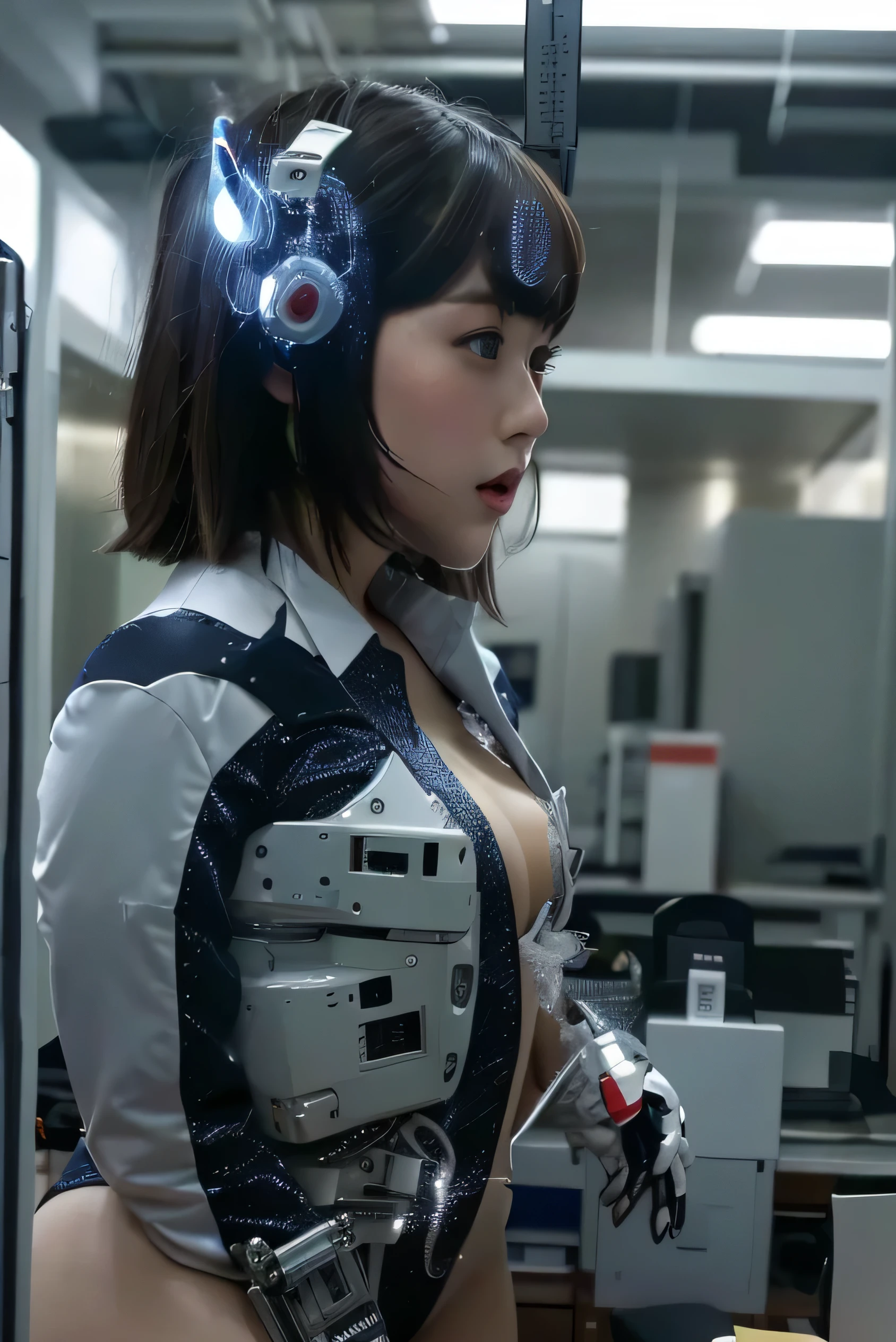 masterpiece, Best Quality, Extremely detailed, 8K portrait,Japaese android girl,Plump , control panels,Robot arms and legs, Blunt bangs,perfect robot girl,a bit chubby,white gloves,chest monitor,blue eyes,Charging spot,She is exhibits,exibition hall,promo girl,office-lady