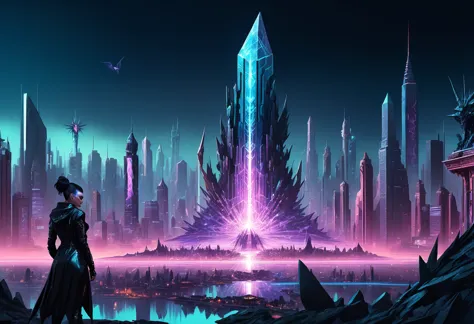 digital illustration, cyberpunk city, fantasy partially buried crystals made of s1lk4rt, prismatic, chromatic, obelisk, night ti...