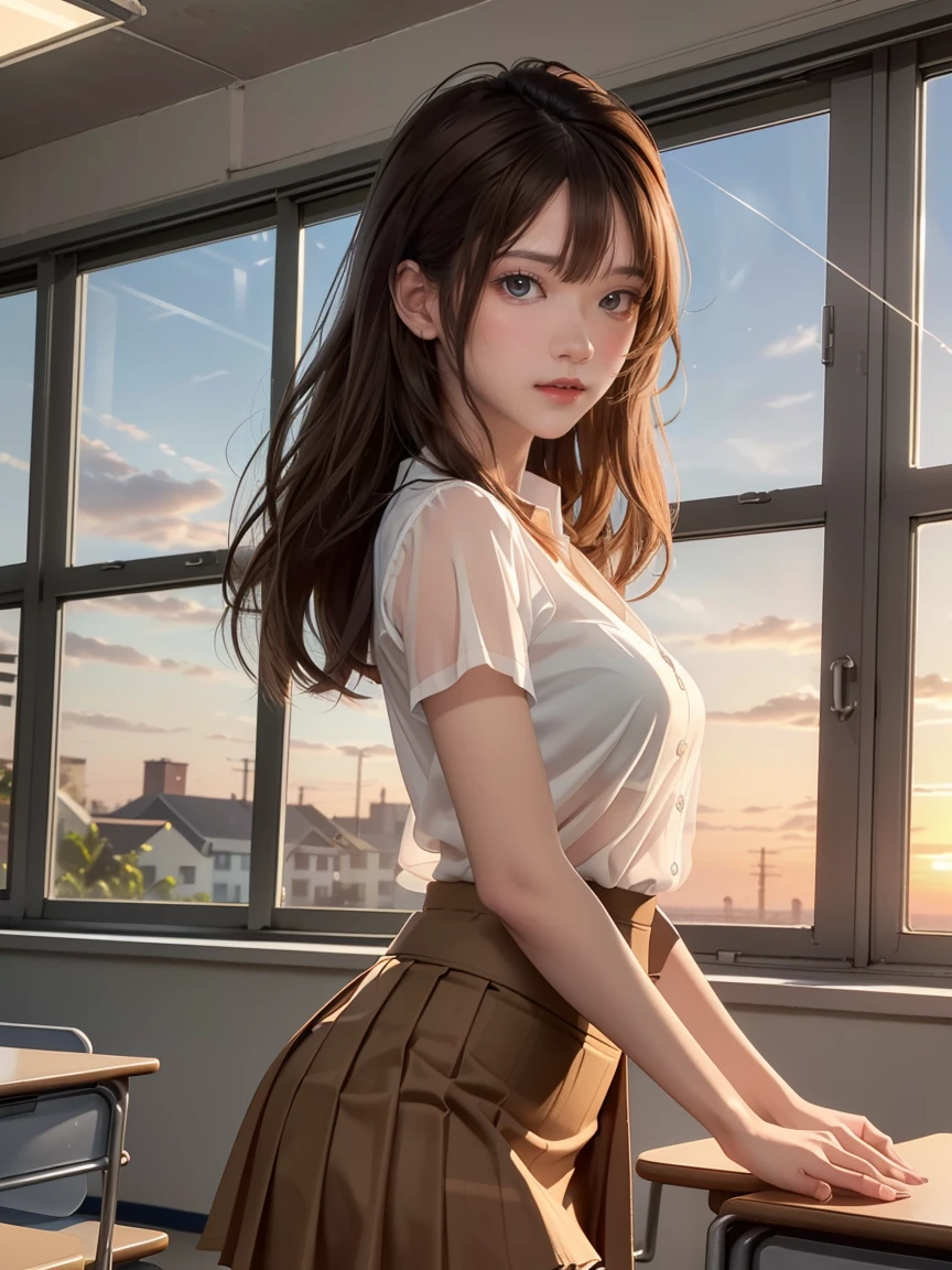 (8k,Photorealistic, masutepiece, Best Quality, Raw photo:1.3)、1woman in, 25years old,Solo,school girl, Long hair, Brown hair, Detailed beautiful face, alluring face, (Detailed beautiful brown eyes:1.2), medium breasts,(loose suit, sheer Skirt :1.35), ( Perfect body skinny beauty: 1.4),( temptation Pose:1.3), (Looking at Viewer, front view,eyes focus:1.2), Detailed background, (sunset:1.2), classroom,fine detailed, intricate detailes,  Ray tracing, depth of fields, seductive smile,classroom,