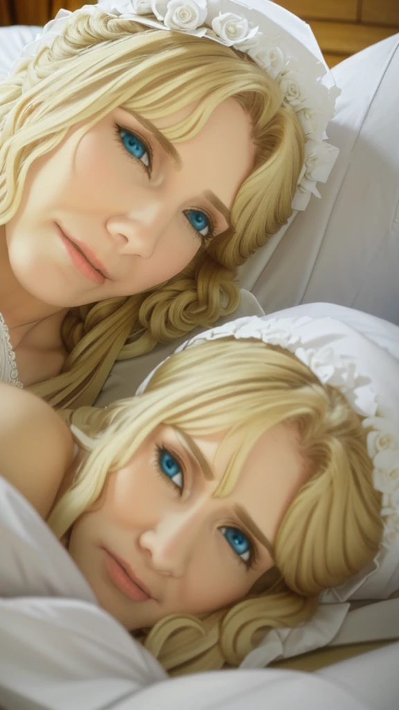 1 beautiful milf housewife ,  Canadian , long blonde hair, dressed as a wedding bride , lying on 1 bed , open feet , looking directly at the camera , sad expression face.