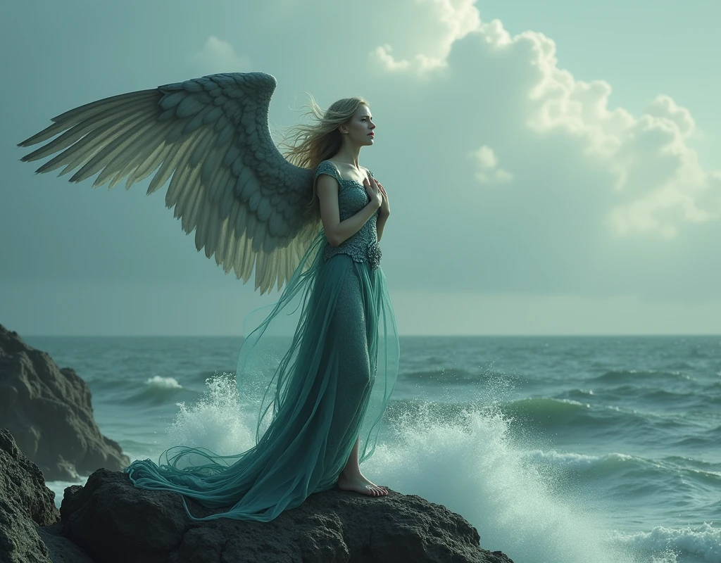 (masterpiece, Highest quality), Siren, Lower body is a bird, Female with a human upper body, Wings on your back, A sad expression, Ocean, Singing on the rocks, Raise your hands to the sky, Left hand on chest