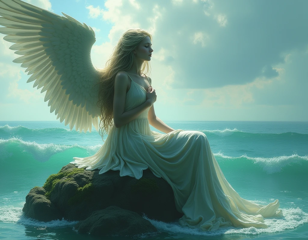 (masterpiece, Highest quality), Siren, Lower body is a bird, Female with a human upper body, Wings on your back, A sad expression, Ocean, Sitting on a rock and singing, Raise your hands to the sky, Left hand on chest, Watching the audience