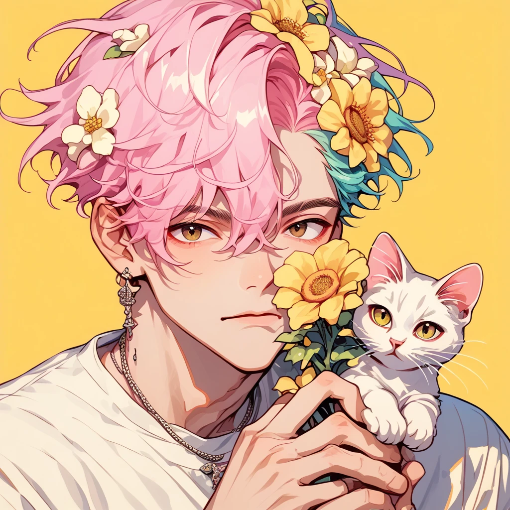 pastel style, 1boy, brown eyes, flower, male focus, yellow background, jewelry, pink hair, earrings, looking at viewer, cat, hair flower, hair ornament, undercut, simple background, animal, holding, white shirt, upper body, solo, short hair, shirt, bandaid on face, bandaid, holding animal, closed mouth, long sleeves, holding cat, multicolored hair, necklace, hair between eyes, yellow flower, soft color, soft hues, chalk, pigment, pastel color, pastel pencil technique, soft color tones, pastel painting, pastel (medium), score_9, score_8_up, score_7_up, score_6_up, score_5_up, score_4_up