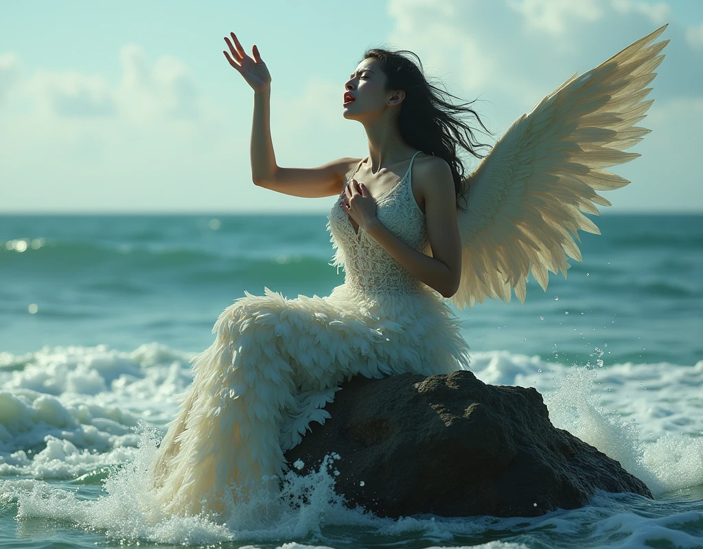 (masterpiece, Highest quality), Siren, Lower body is a bird, Female with a human upper body, Wings on your back, A sad expression, Ocean, Sitting on a rock and singing, Open your mouth wide, Raise your right hand to the sky, left hand is placed on the chest, (Watching the audience), storm, 船がOceanに沈没している