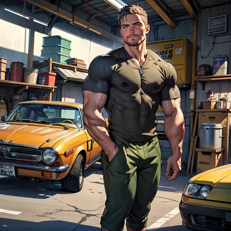 masterpiece , 32k , best quality , detailed face , natural eyes, 1man, mature man, , muscled and hunk, (((stephen amell))) as a mechanic wearing totally unbuttoned overall, showing his nipples and muscles , sweating, tight cloth , full body view , STANDING NEAR a car,background a garage , workshop