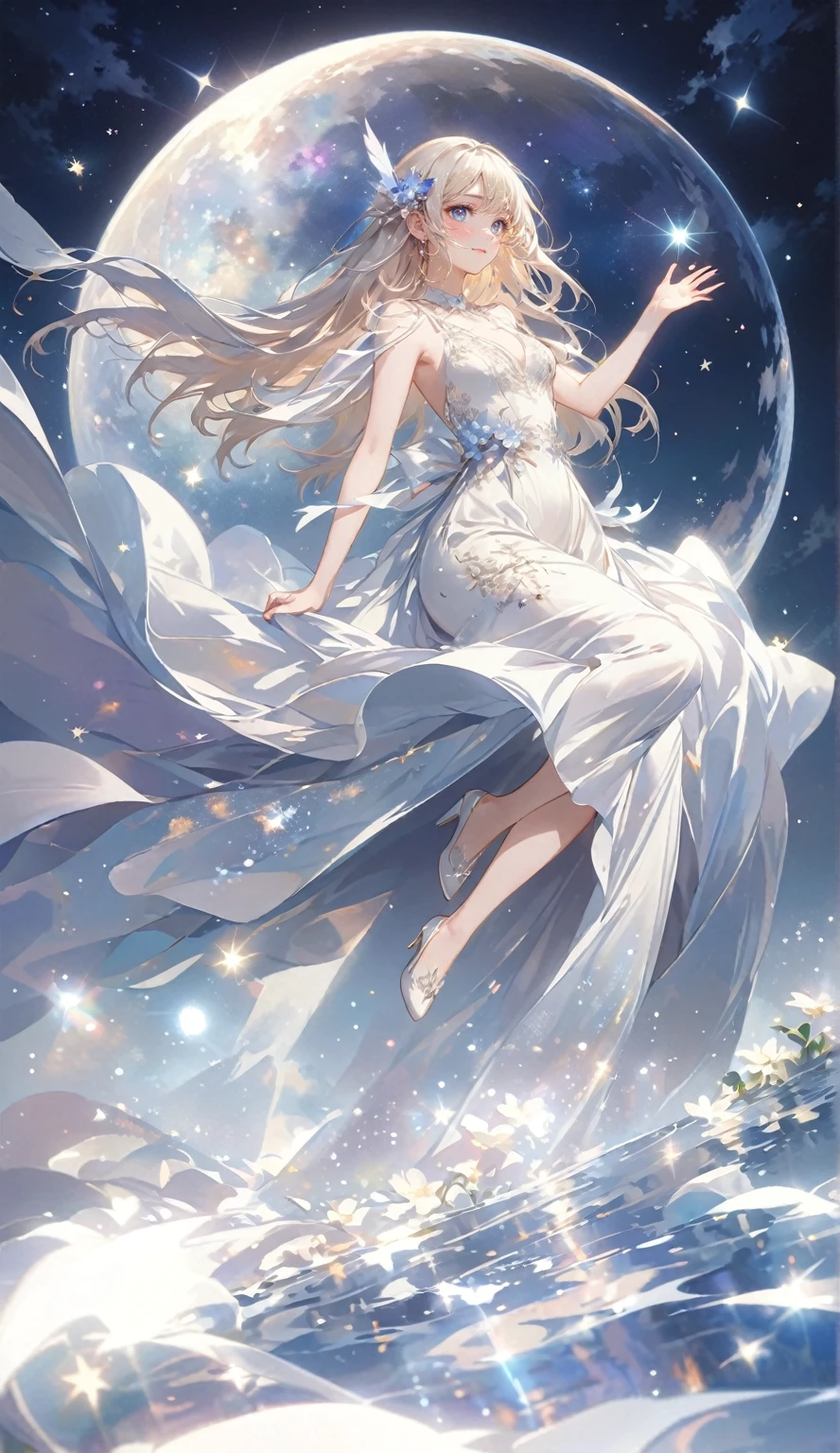 (best quality,4k,8k,highres,masterpiece:1.2),A girl standing alone under the starry night sky, with her silhouette illuminated by the soft moonlight and twinkling stars. Her face is beautifully detailed, with sparkling eyes, long and fluttering eyelashes, and exquisitely defined lips. She is dressed in an elegant gown, flowing and ethereal, embracing her figure gracefully as it glimmers with a subtle celestial glow. The intricate details of her dress catch the faint starlight, creating a mesmerizing sparkle. The surrounding landscape showcases a serene garden, lush with vibrant foliage and colorful flowers. The air is filled with a gentle breeze, causing the leaves to rustle and the flowers to sway delicately. The garden is bathed in a warm, dreamy color palette, with hues of deep blues, purples, and hints of silver. The atmosphere is calm and tranquil, evoking a sense of peace and serenity. The artwork is of the highest quality, meticulously created with ultra-detailed brushstrokes and precise attention to every element. The texture and depth of the painting are breathtaking, with a sense of realism and photorealism that captures the awe-inspiring beauty of the night sky. The lighting is soft and diffused, casting a gentle glow over the entire scene, enhancing the magical ambiance. The girl's presence radiates a sense of mystery and wonder, as if she holds a secret connected to the celestial beings above. The overall composition evokes a feeling of timelessness and captures the essence of a StarSign, an artwork that embodies the celestial beauty and inner strength of a girl in harmony with the stars. (ai-generated:.25),(dsmile:.25)