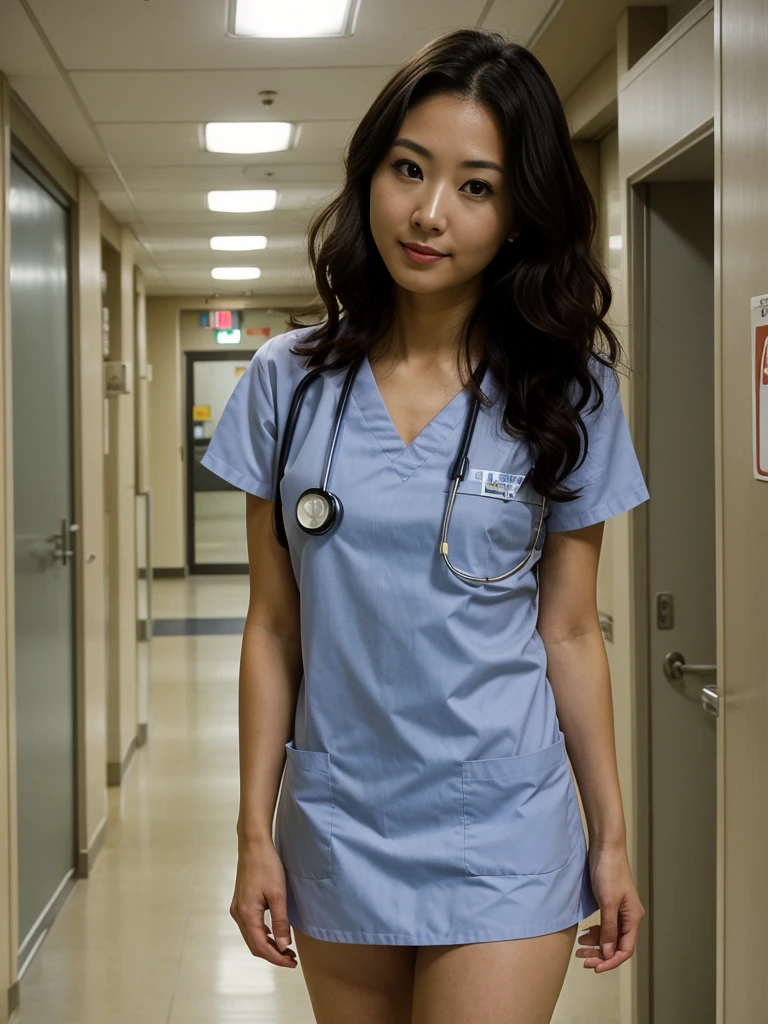 RAW PHOTO, her name is anita, ((looking at viewer)), high quality, 1 woman, ((28-years-old slim body japanese woman)), (((28-years-old))), ((mature woman)), (((slim body))), ((long wavy unkempt hair))), (((she is wearing nurse scrubs))), BREAK, dynamic pose, BACKGROUND: indoor: hospital hallway, (looking at viewer)), BREAK, realistic lighting, film grain