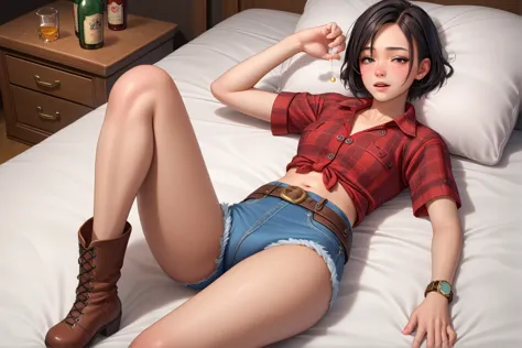 sexy cowgirl outfit bloomers,black hair,red plaid　short short sleeves　collared cowgirl shirt,denim hot pants,western belt with h...