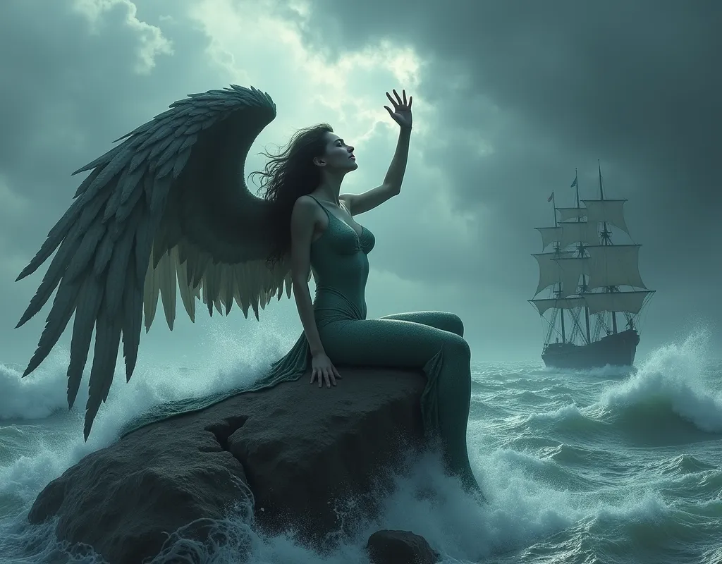 (masterpiece, Highest quality), Siren, Lower body is a bird, Female with a human upper body, Wings on your back, A sad expression, Ocean, Sitting on a rock and singing, Open your mouth wide, Raise your right hand to the sky, left hand is placed on the chest, (Watching the audience), storm, 船がOceanに沈没している