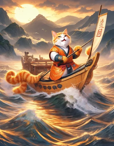 chinese cat soldiers are sailing in bad weather and they are struggling. ,open mouth,shout,three kingdoms orange cat