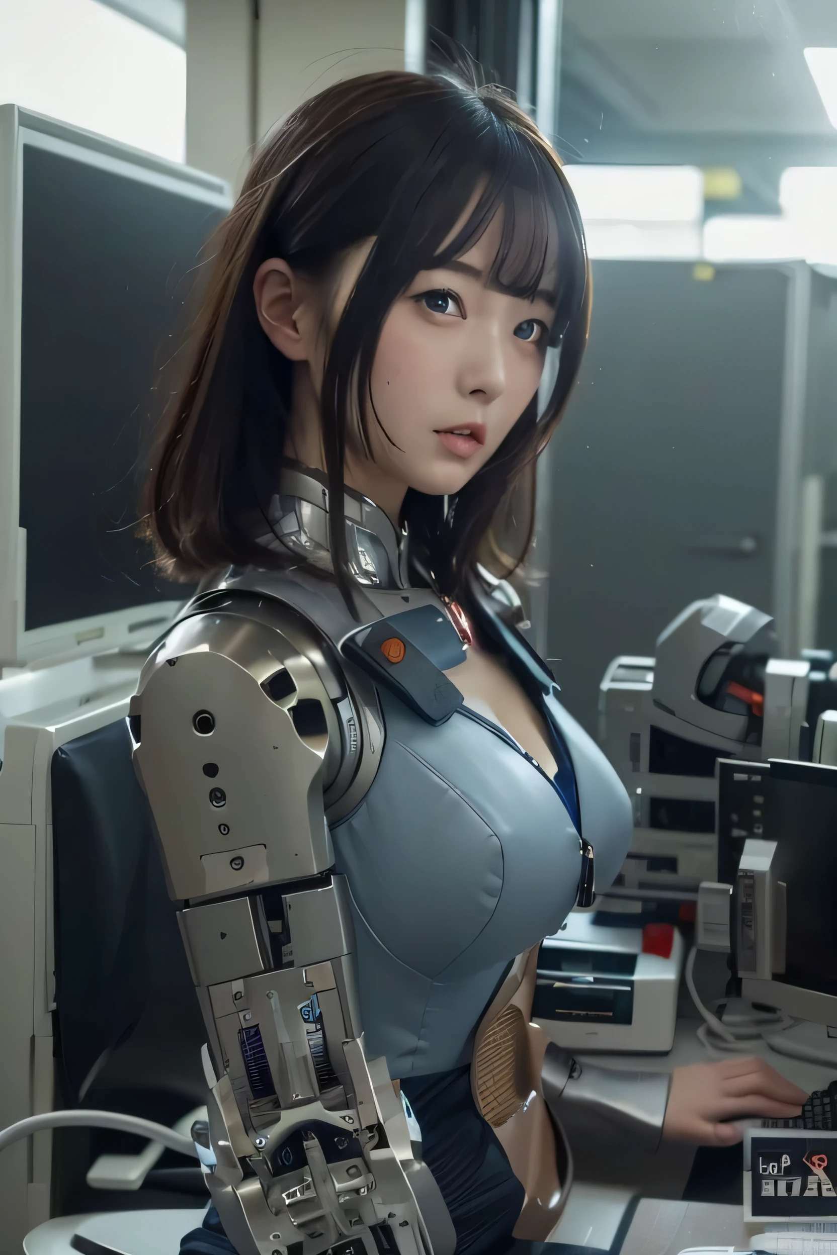 masterpiece, Best Quality, Extremely detailed, 8K portrait,Japaese android girl,Plump , control panels,Robot arms and legs, Blunt bangs,perfect robot girl,a bit chubby,white gloves,chest monitor,blue eyes,Charging spot,She is exhibits,exibition hall,promo girl,office-lady