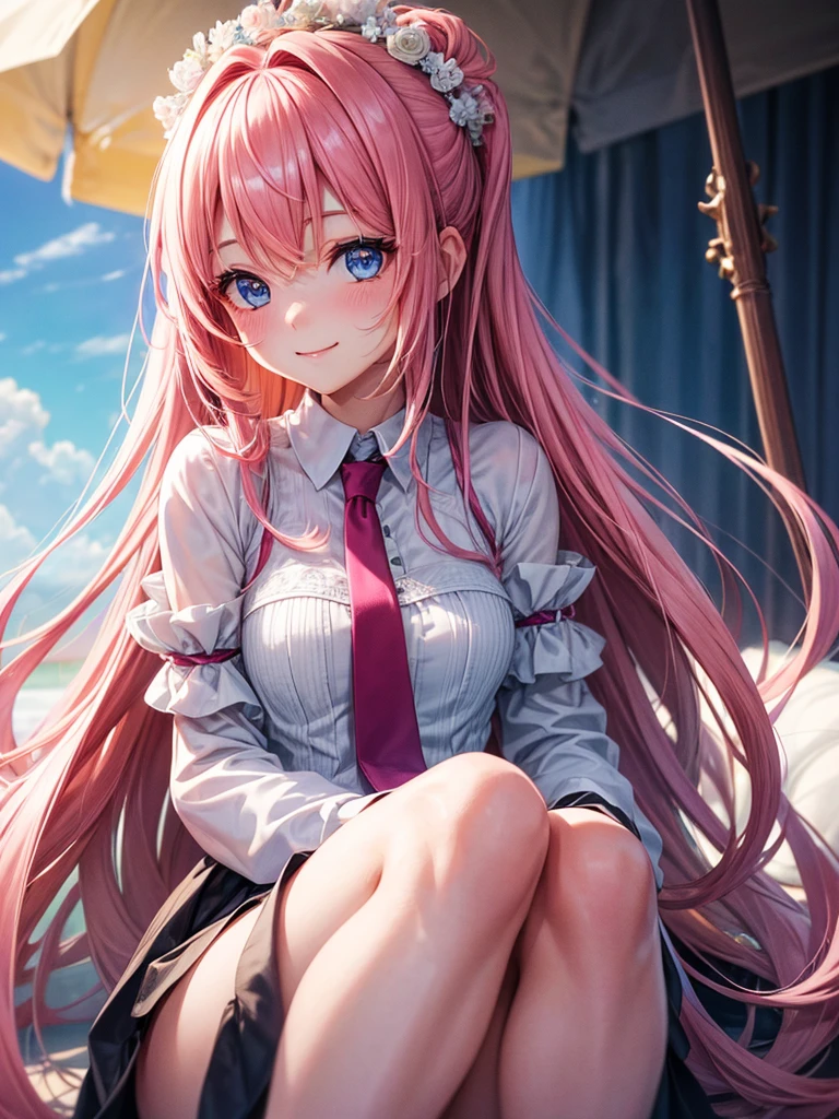 1 girl, high resolution, Masterpiece, best quality, details, โมเดลhigh resolution, detailsสูง, high resolutionสุด, pink hair, Tie your hair on both sides, blue eyes, smile, bright eyes, blushing, Fair Light, , 