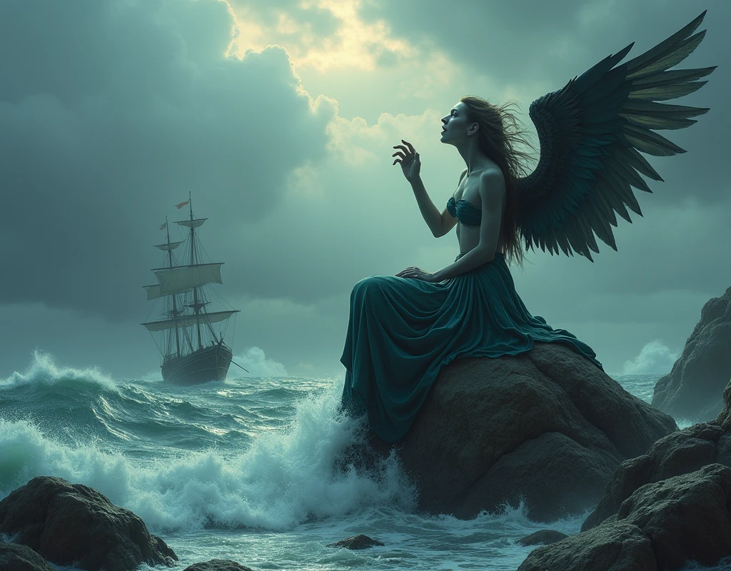 (masterpiece, Highest quality), Siren, Lower body is a bird, Female with a human upper body, Wings on your back, A sad expression, Ocean, Sitting on a rock and singing, Open your mouth wide, Raise your right hand to the sky, left hand is placed on the chest, (Watching the audience), storm, 船がOceanに沈没している