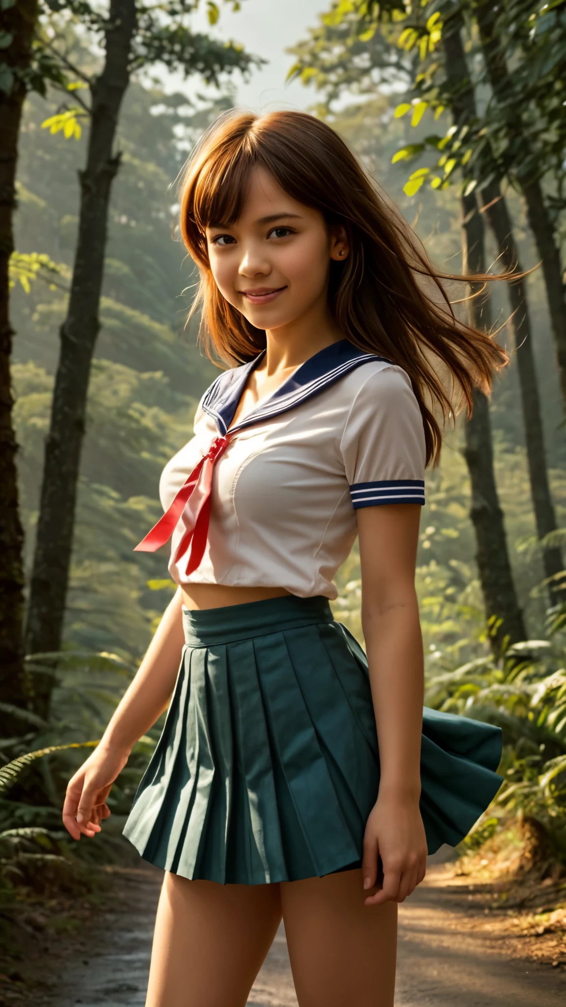 girl, standing, detailed face, looking at viewer, gentle smile, blushing, long hair, windswept, sharp focus, sailor collars, blouse, (cute:1.4), (breasts:1.2), pleated micro skirt, (breathtaking dawn sky:1.2), twilight, hills, forest, high quality backlight shadow, rain forest, visible road, overgrowth,