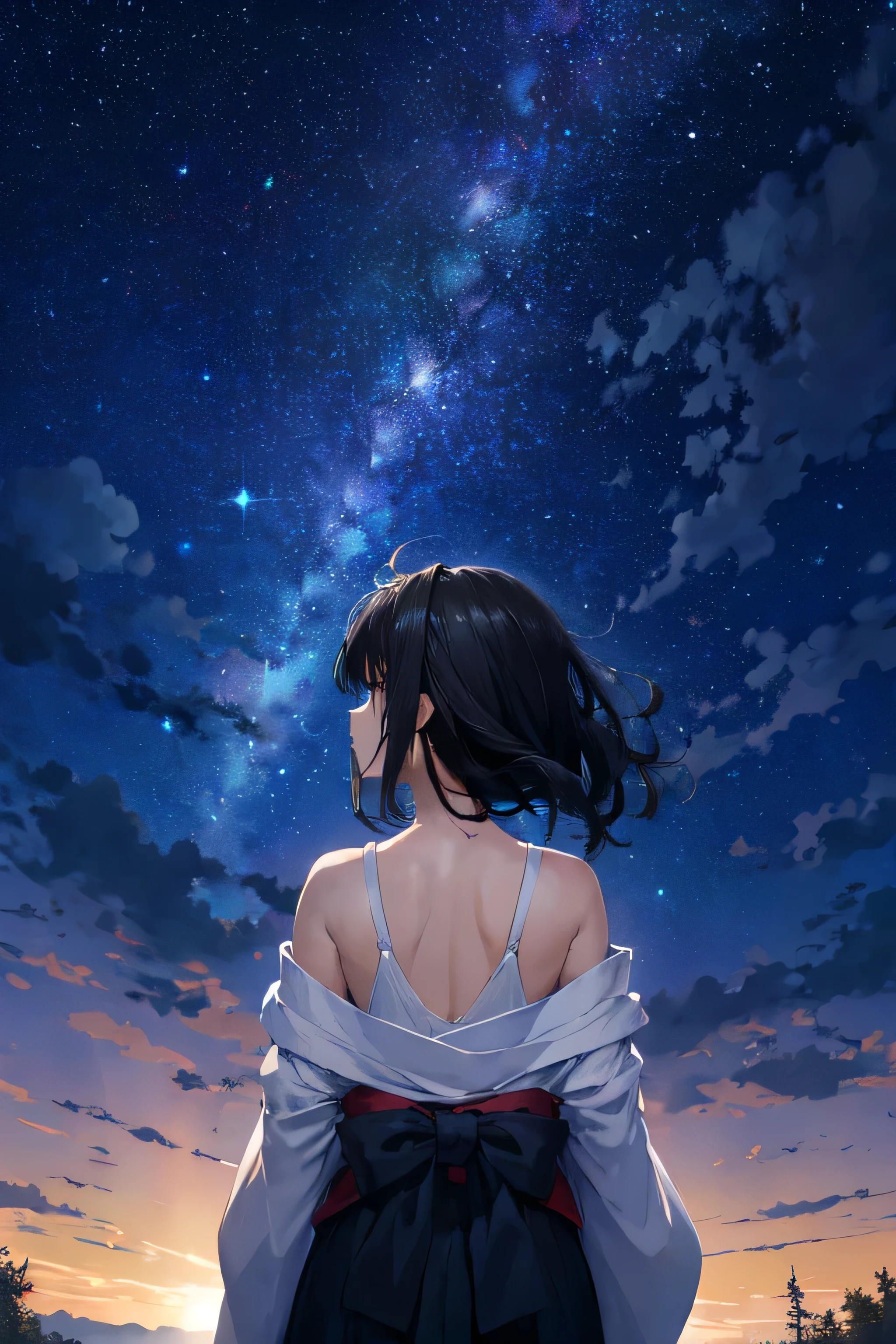 High resolution, masterpiece, quality, Ultra high definition, 高quality, Black Hair, Medium Hair, girl,girl1:Background 3,Starry Sky,Night Sky,look up,Back view,anime, anime風, Japanese illustration style, 