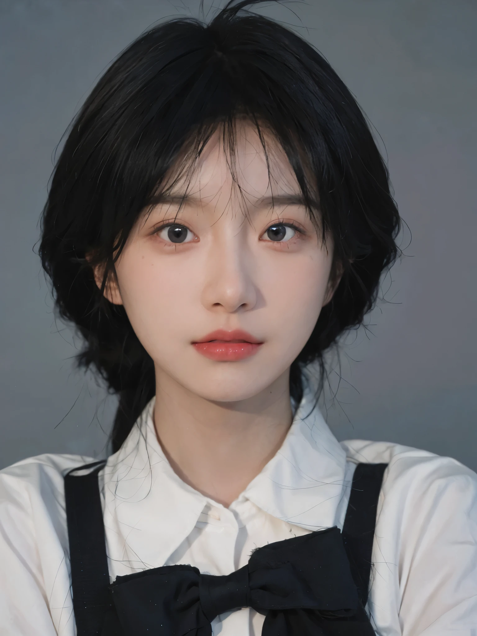 Best quality，Ultra-high resolution，（lifelike：1.4），Cute hairpin，2girll，Sparkling eyes，Short blue hair，jk，Snow-white skin，Blush，Slim beauty，At school，Ultra-fine face，Exquisite eyes，Double eyelids，