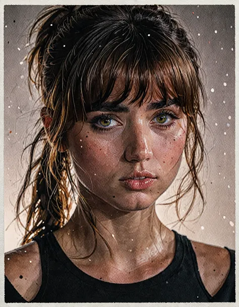 j0i woman,her hair is styled with bangs ,dramatic lighting,volumetric lighting,film grain,cinematic,looking at camera,depth of f...