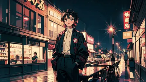 kimetsu no yaiba,kanroji mitsuri、highest quality, 8k, 1990s style, city pop, pants ,night view, retro, whole body, coffee,table,...