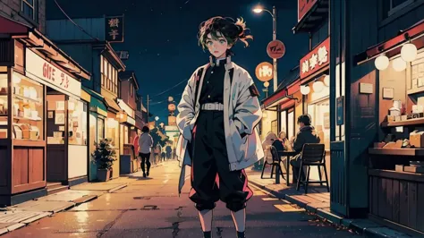 kimetsu no yaiba,kanroji mitsuri、highest quality, 8k, 1990s style, city pop, pants ,night view, retro, whole body, coffee,table,...