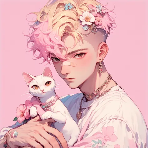 pastel style, 1boy, brown eyes, flower, male focus, pink background, jewelry, pink hair, earrings, looking at viewer, cat, hair ...