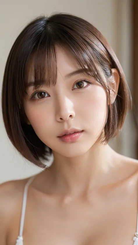 one girl, japanese,small breasts , ((brown short bob cut)), (relaxed facial expression), ((close-up of face with makeup:1.3))、((...