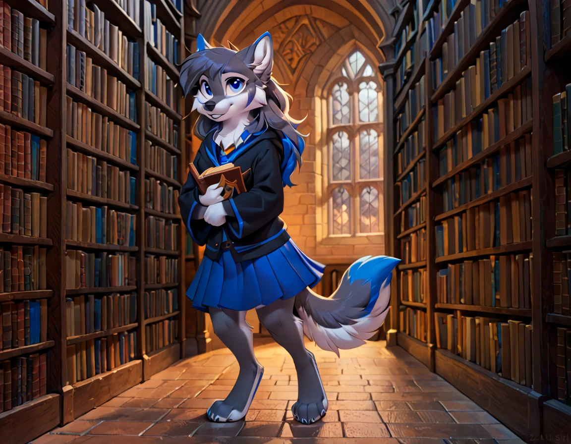 by hioshiru, by zaush, best quality, high res, anthro, female, wolf, grey fur with a blue stripe, gold eyes, ravenclaw uniform, ravenclaw emblem, black full length robe with blue trim, in a hogwarts library, skirt, solo, carrying a book, detailed eyes, detailed fur