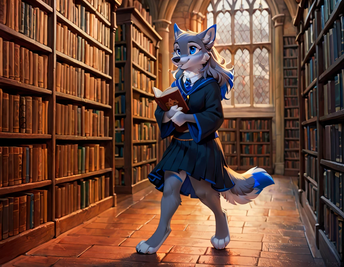 by hioshiru, by zaush, by hoot, best quality, high res, anthro, female, wolf, grey fur with a blue stripe, gold eyes, ravenclaw uniform, ravenclaw emblem, black full length robe with blue trim, in a hogwarts library, skirt, solo, carrying a book, detailed eyes, detailed fur