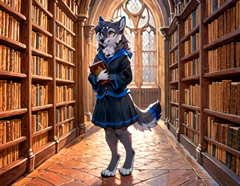 by hoot, best quality, high res, anthro, female, wolf, grey fur with a blue stripe, gold eyes, ravenclaw uniform, ravenclaw embl...