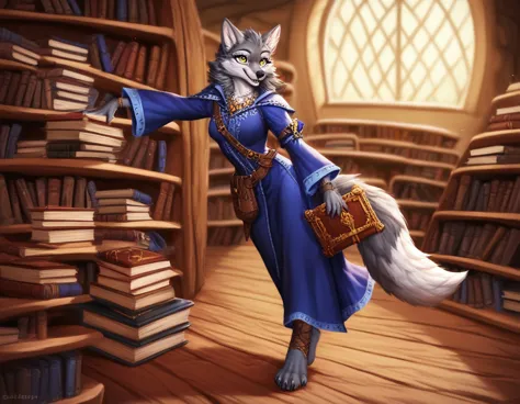 by hoot, best quality, high res, anthro, female, wolf, grey fur with a blue stripe, gold eyes, ravenclaw uniform, ravenclaw embl...