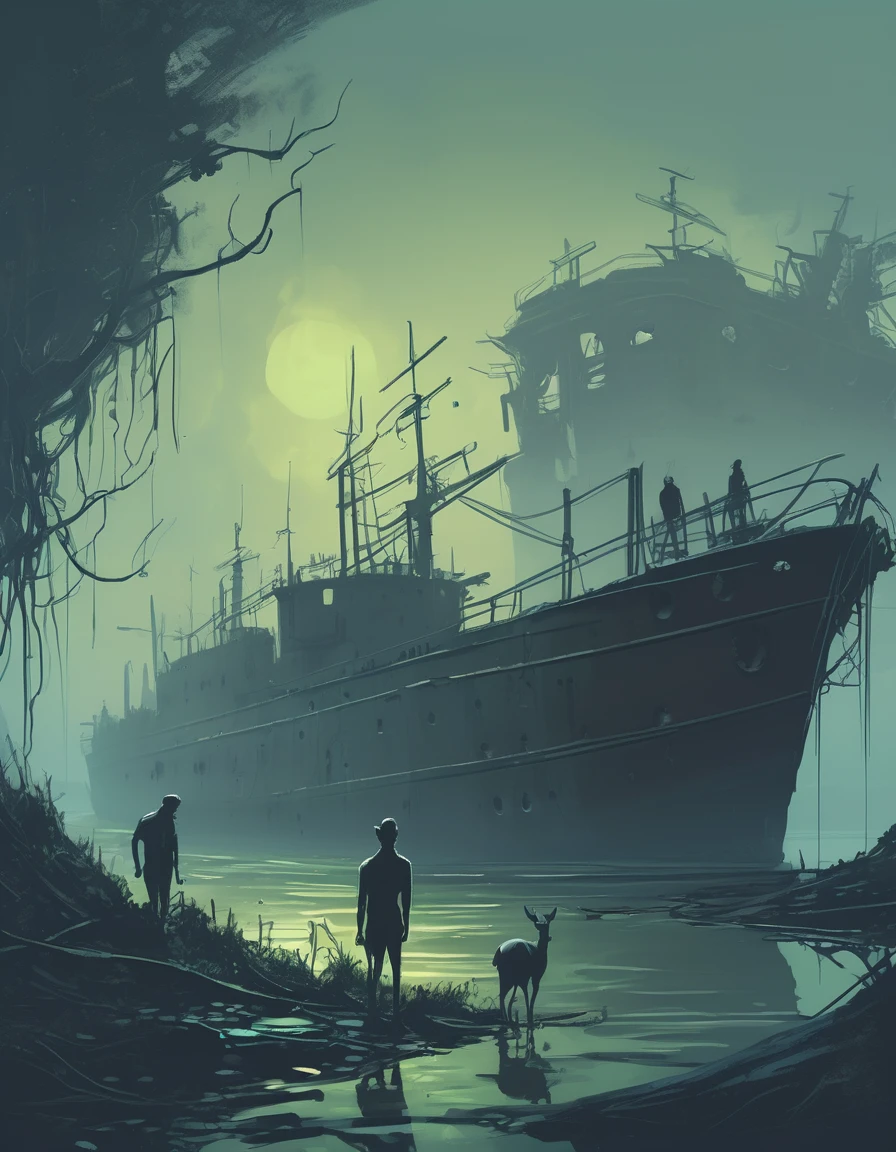 sketch, A Stunningly Beautiful Dystopian Dockyard, Covered in vines and moss, A herd of deer wanders among a rusting shipwreck, Surrounded by intricate trees，The leaves glow, In the style of Jakub Rozarsky and Alex Andreyev, A blend of dark and moody colors, Industrial elements, And the mystery of post-apocalypse
 