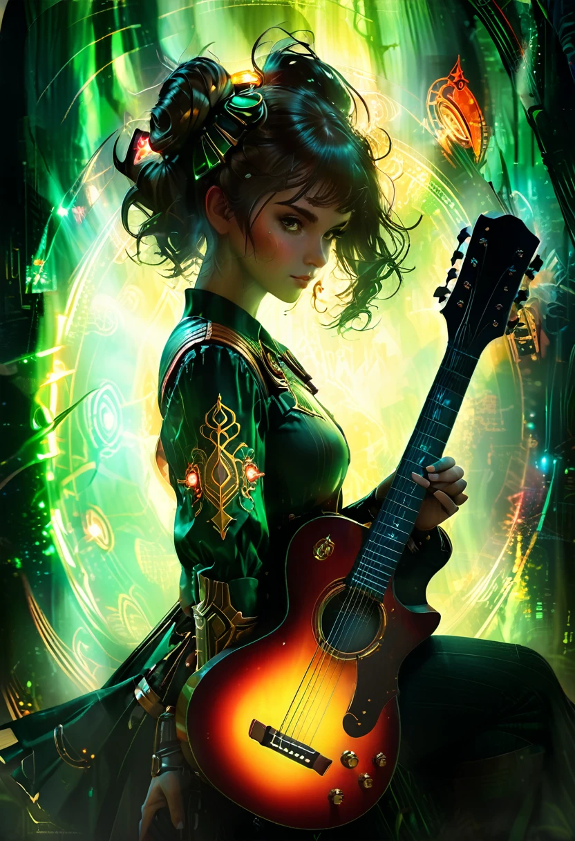 Cyborg guitar, Jensana, Forest Guardian, tech wear, glowing lights, Bioshock Cosplay, portrait, highly detailed, digital painting, Trending on artstation, concept art, sharp focus, illustration, caustics, octane render, unreal engine 5, 8K, art by artgerm and greg rutkowski and alphonse mucha