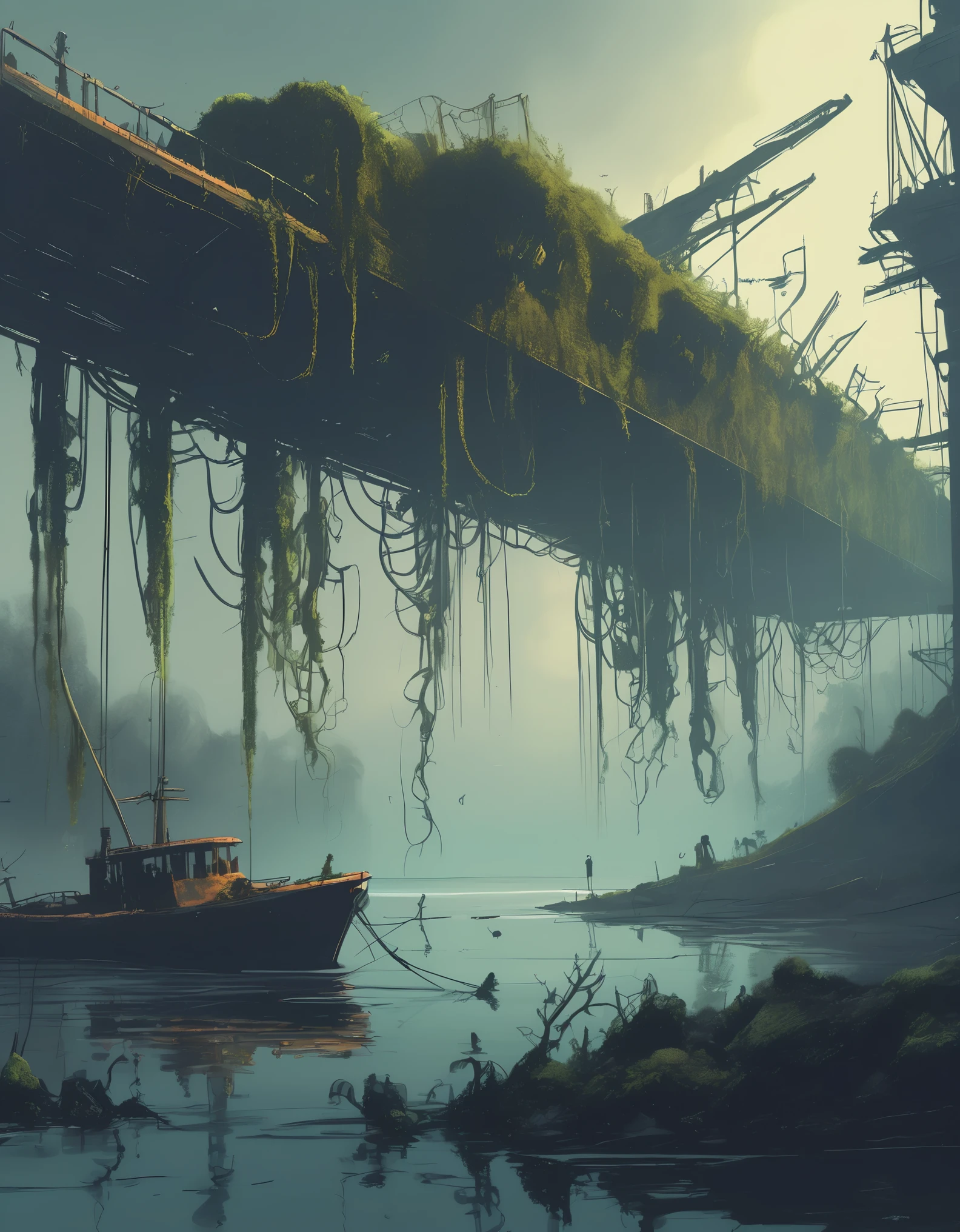 sketch, A Stunningly Beautiful Dystopian Dockyard, Covered in vines and moss, A herd of deer wanders among a rusting shipwreck, Surrounded by intricate trees，The leaves glow, In the style of Jakub Rozarsky and Alex Andreyev, A blend of dark and moody colors, Industrial elements, And the mystery of post-apocalypse
 