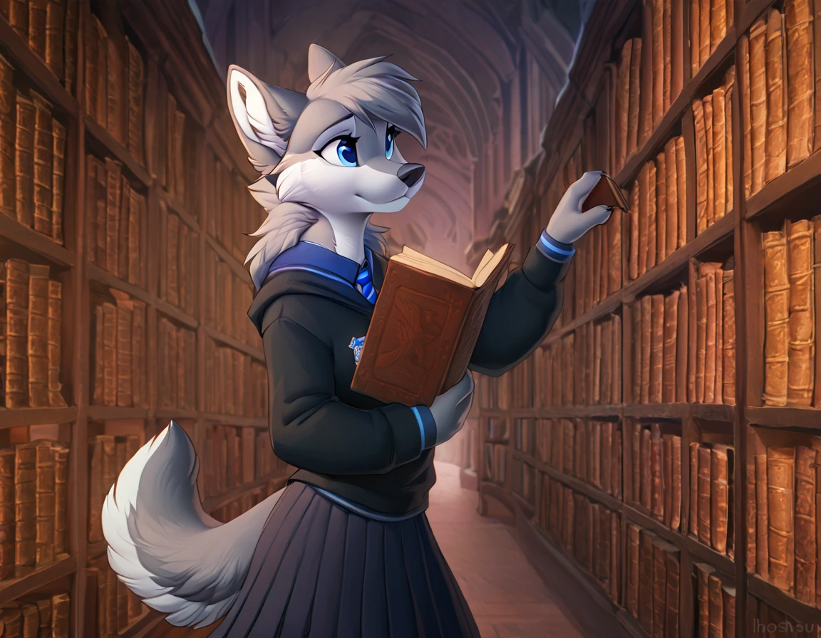 by hioshiru, by zaush, by hoot, best quality, high res, anthro, female, wolf, grey fur with a blue stripe, gold eyes, ravenclaw uniform, ravenclaw emblem, black robe, grey sweater, blue necktie, in a hogwarts library, pleated skirt, solo, carrying a book, detailed eyes, detailed fur