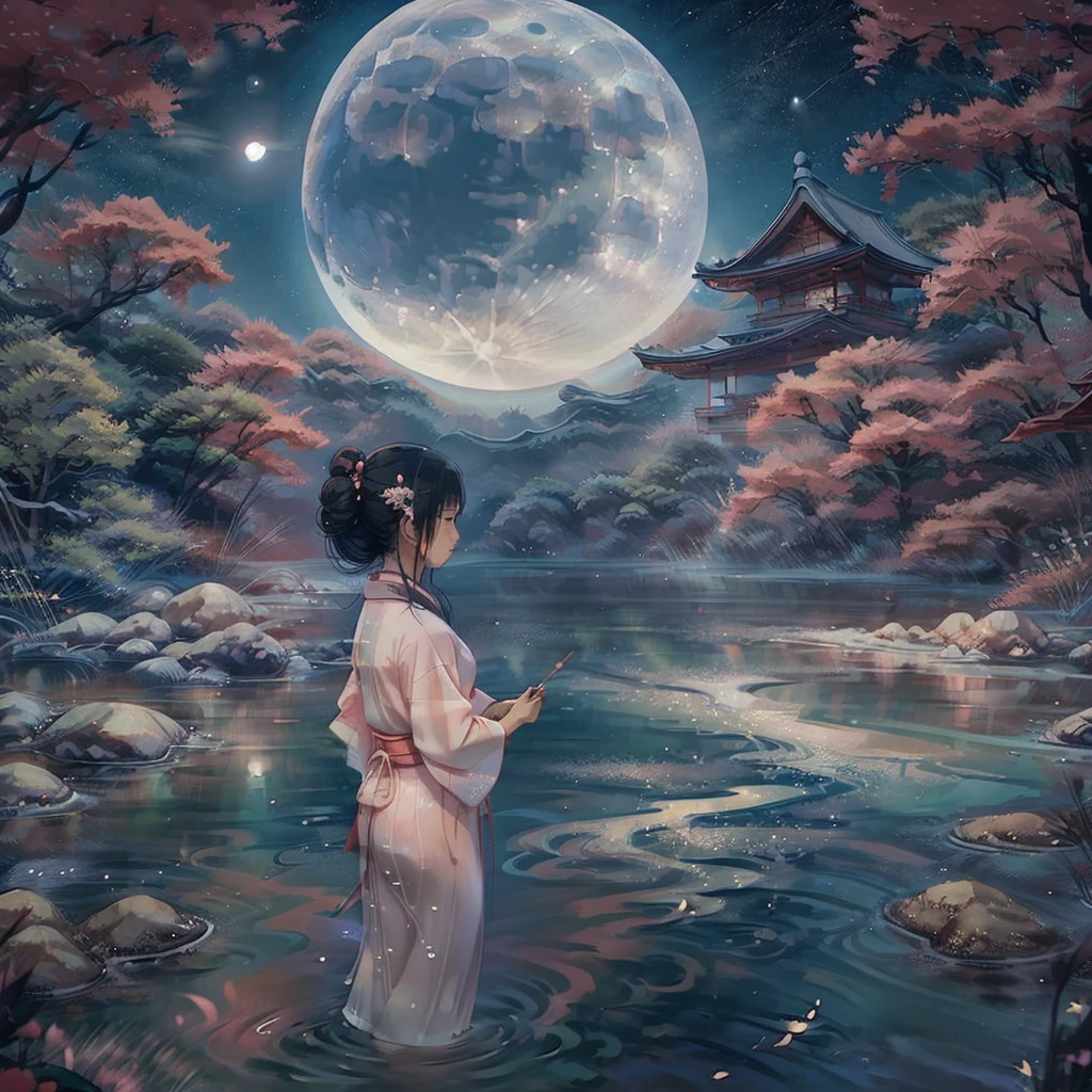 calm, relaxed, soft colors, traditional Japanese clothing, kimono, serene expression, symbolic item, moon, stars, water, nature, Asian influence, peaceful, minimalist, flowing hair, gender-neutral, ageless