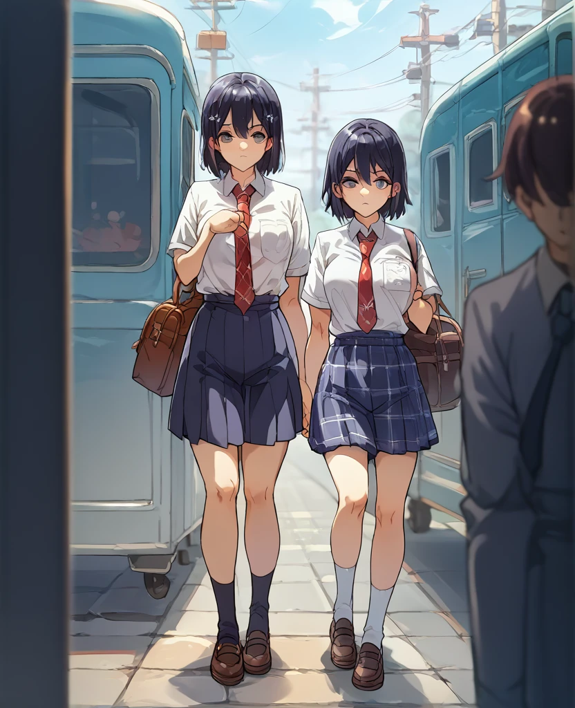 Exact details、Highest quality、In the bus、Full body shot、High school girls、Big Eyes、Black medium hair、Short sleeved white shirt、Ribbon tie、Checked it cross-legged on the bus seat、Being molested