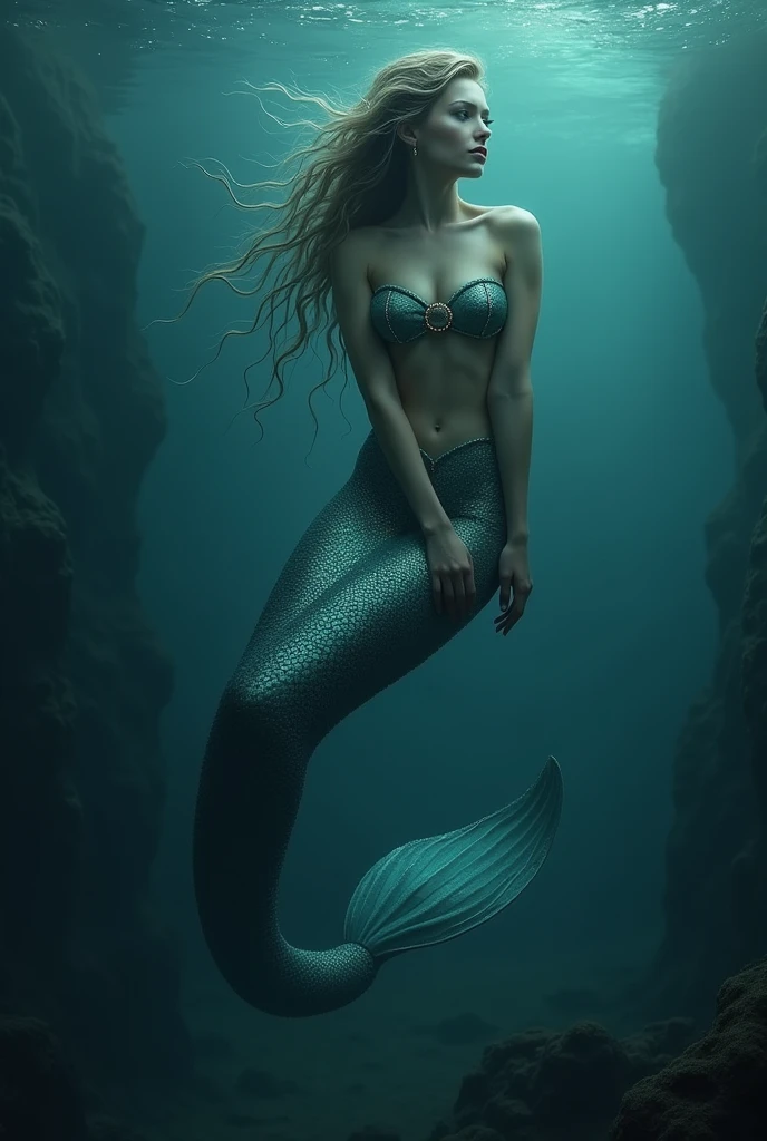 theme: Siren, マーメイド, fish mixed female, legless, swim, lighting black big eye, high quality, high resolution, masterpiece, small shell bra, wet, under deep sea, 