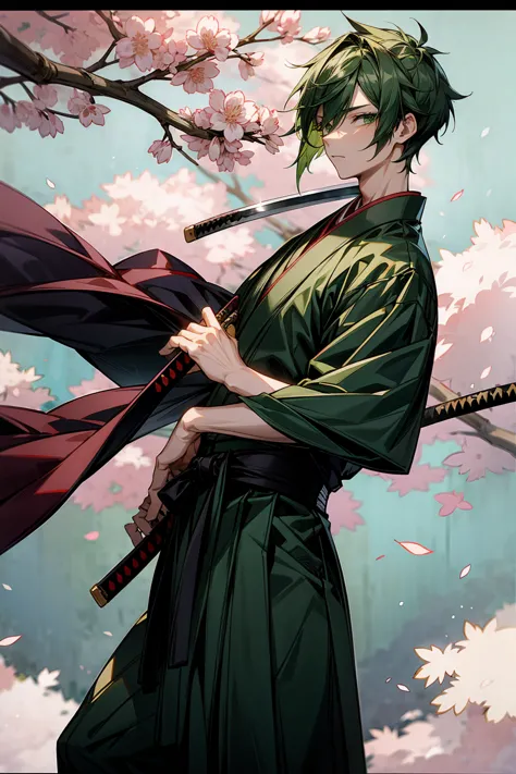 1male, adult, hakama, green hair, short hair, katana, sakura tree's, samurai, japanese setting, green eyes