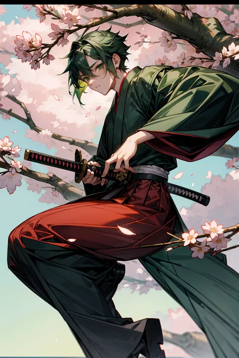 1male, adult, hakama, green hair, short hair, katana, sakura tree's, samurai, japanese setting, green eyes