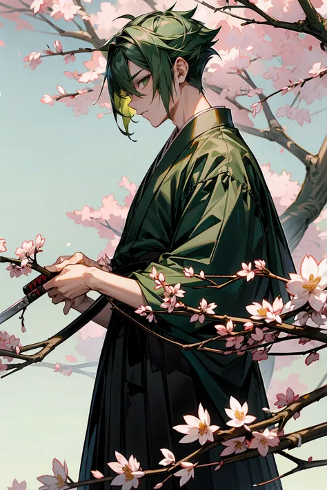 1male, adult, hakama, green hair, short hair, sakura tree's, samurai, japanese setting, green eyes, drawn katana